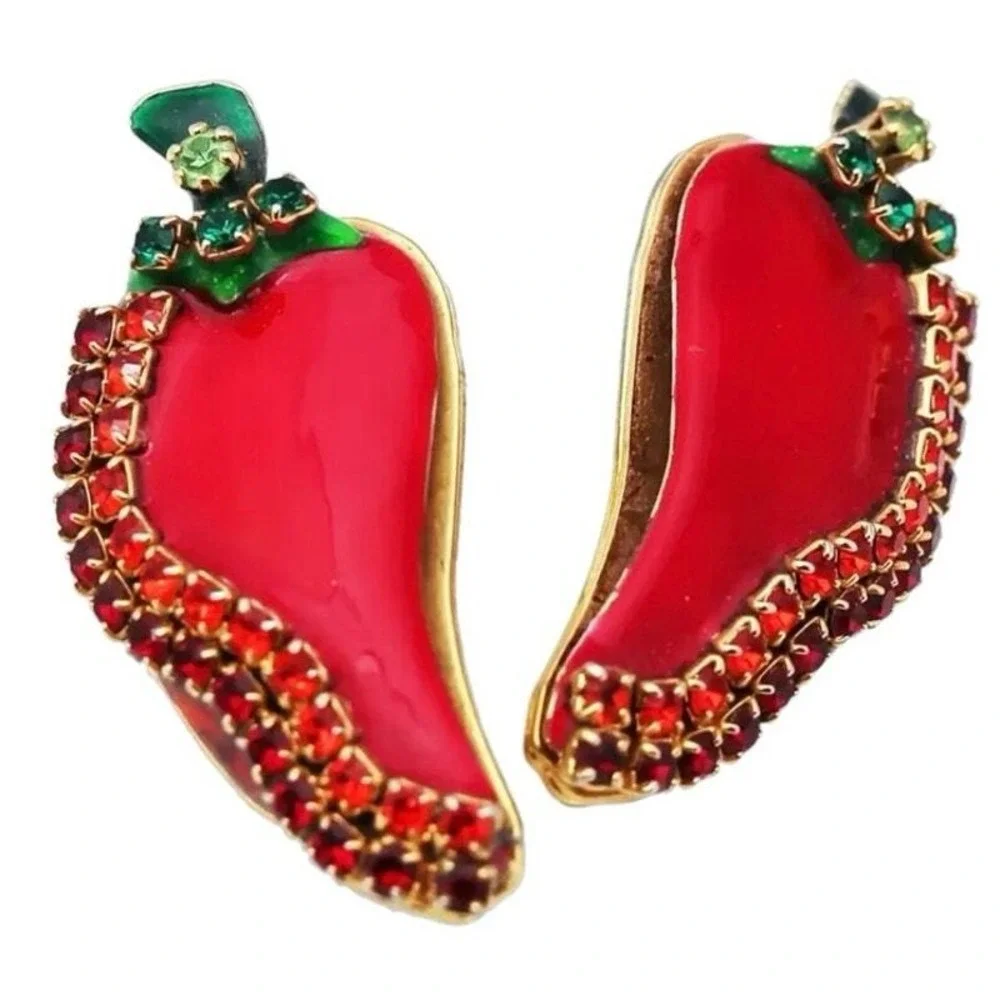 Lunch at the Ritz Vintage‎ Red Chili Pepper Enamel Rhinestone Pierced Earrings